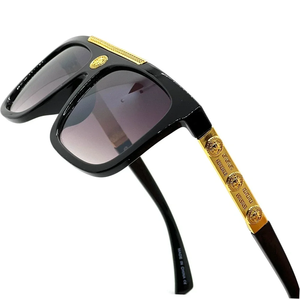 Flat Top Sunglasses‎ Men's Fashion Square Frame Gold Accent Black Lens Hip Hop